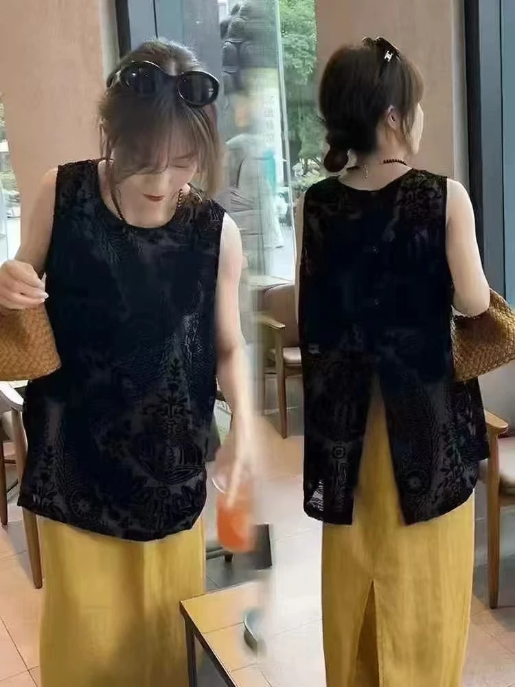 新中式复古植绒提花无袖衬衫上衣女2025夏季新款洋气百搭开叉小衫