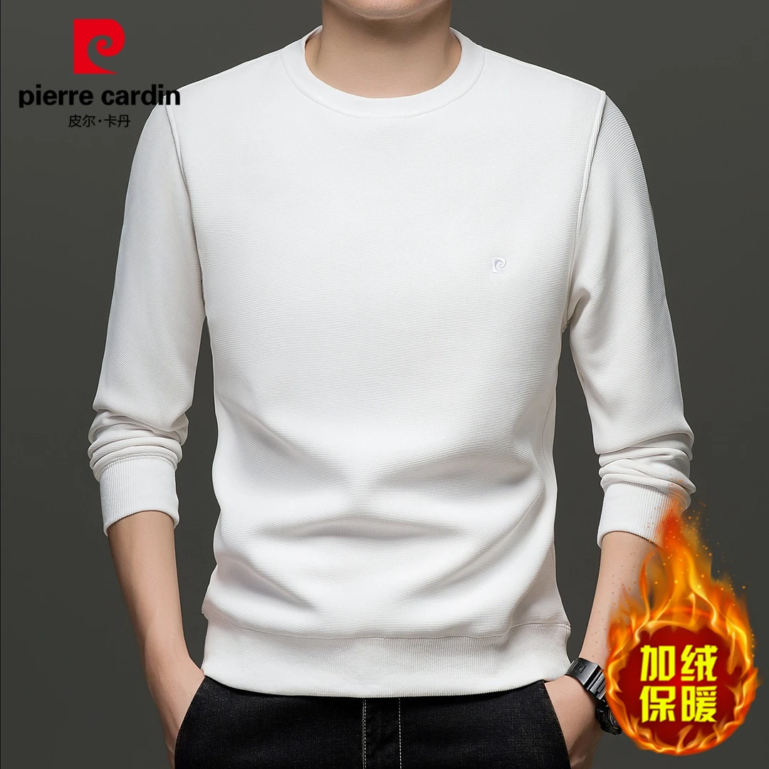 皮尔卡丹圆领卫衣男士秋冬新款加绒加厚简约休闲慵懒风打底衫男装