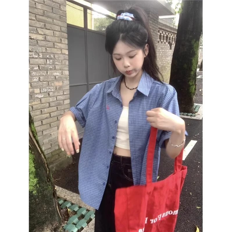 2025夏季新款复古蓝色格子短袖衬衫女薄款衬衣休闲韩版宽松上衣潮