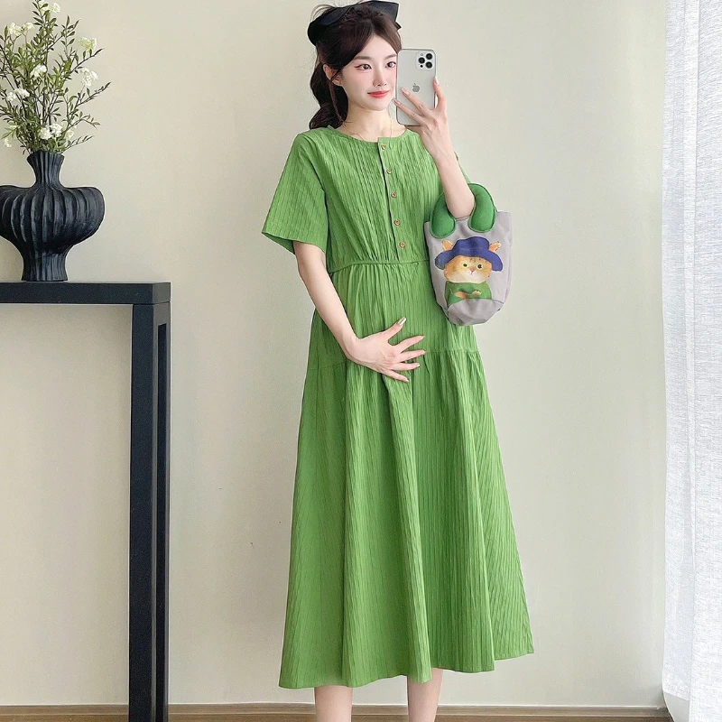 Y3382#3.1孕妇法式绿色宽松短袖连衣裙女夏季2025高级感长裙