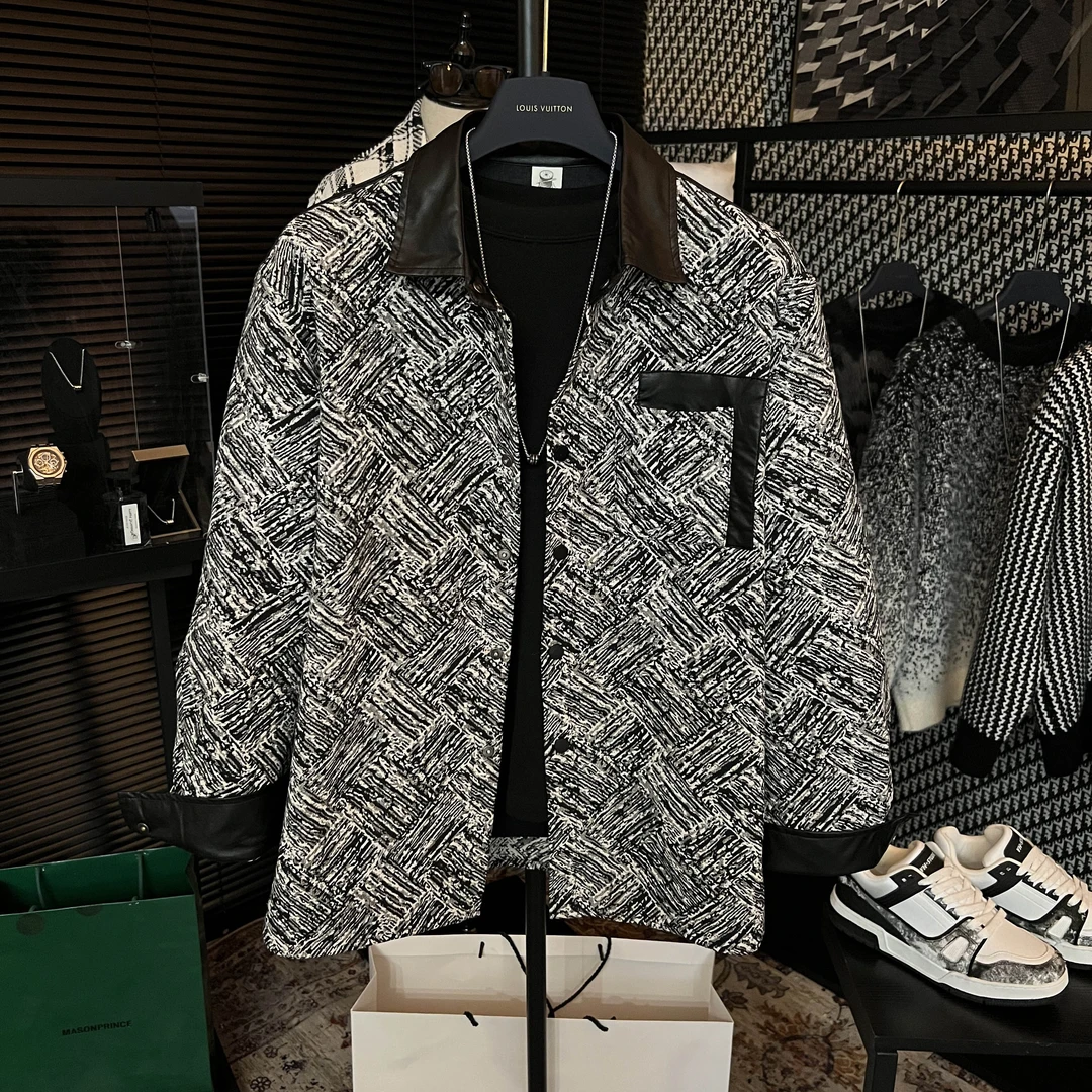 【BJ】春秋季格纹设计编织男士长袖衫黑白撞色拼接皮衣衬衫外套