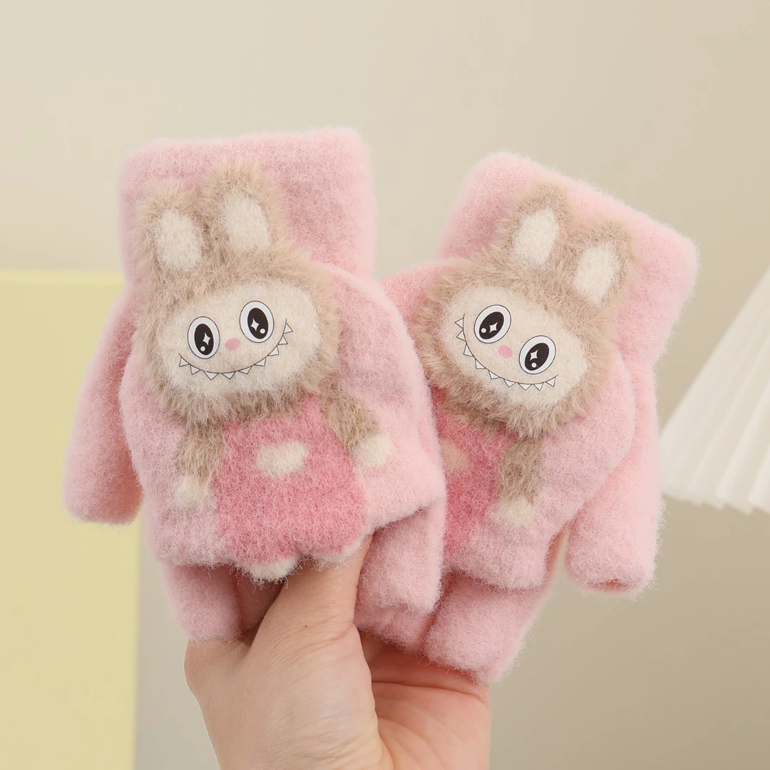 labubu儿童手套冬季保暖3-16岁女孩中大童卡通半指宝宝加厚男女童