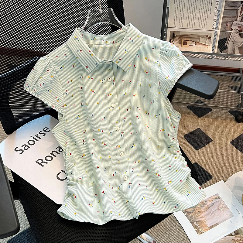 小清新碎花短袖衬衫女夏季新款设计感小众韩系小个子短款收腰上衣