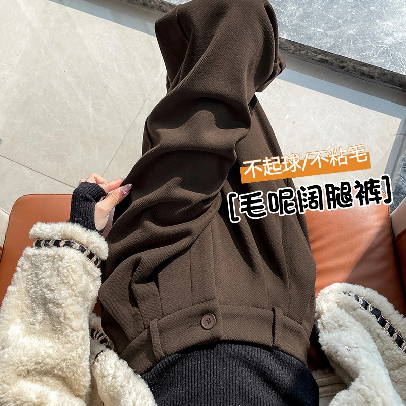 美拉德百搭毛呢裤子女秋冬季2025新款加绒直筒裤小个子加厚阔腿裤