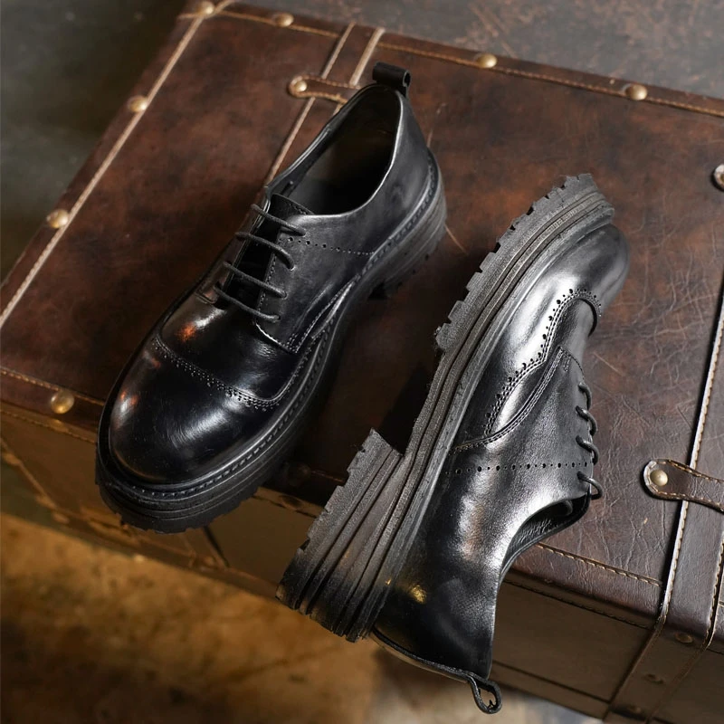 复古男士皮鞋大头手工英伦风真皮男鞋商务休闲潮流厚底增高德比鞋