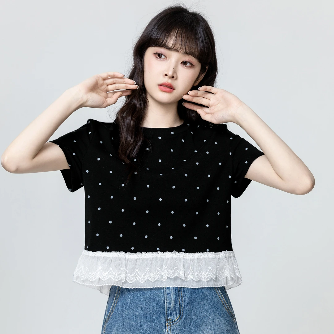 黑色波点圆领短袖T恤女2025夏季新款设计感蕾丝拼接体恤短款上衣