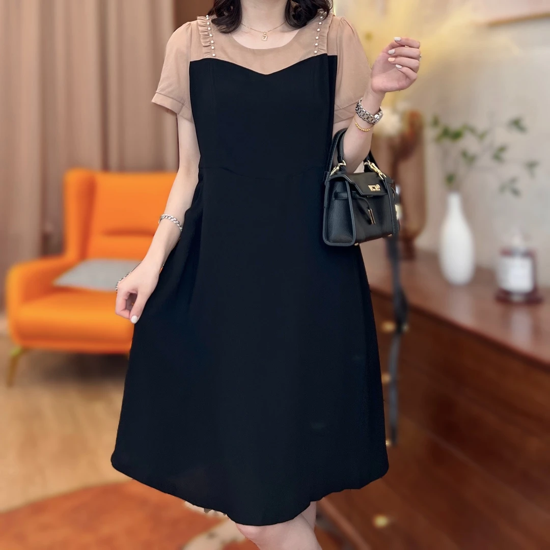 欧洲站大码夏季气质优雅撞色显胸小连衣裙遮肉DUA8376