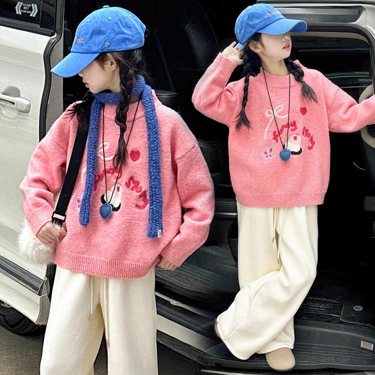 女童粉色毛衣秋冬2025新款儿童冬装上衣洋气女大童加厚针织衫冬季