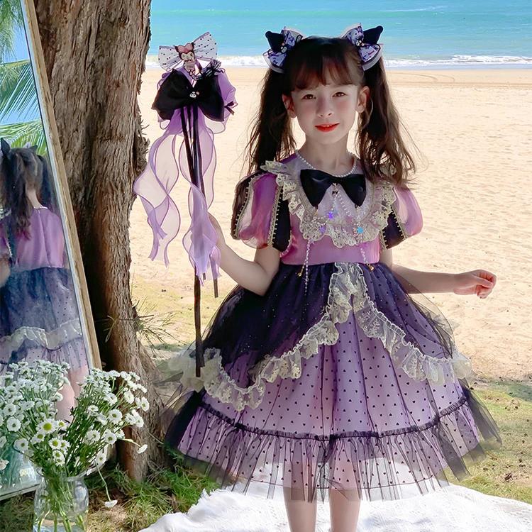 儿童连衣裙新款夏季生日洋气中小童公主裙女孩紫色洛丽塔网纱裙子