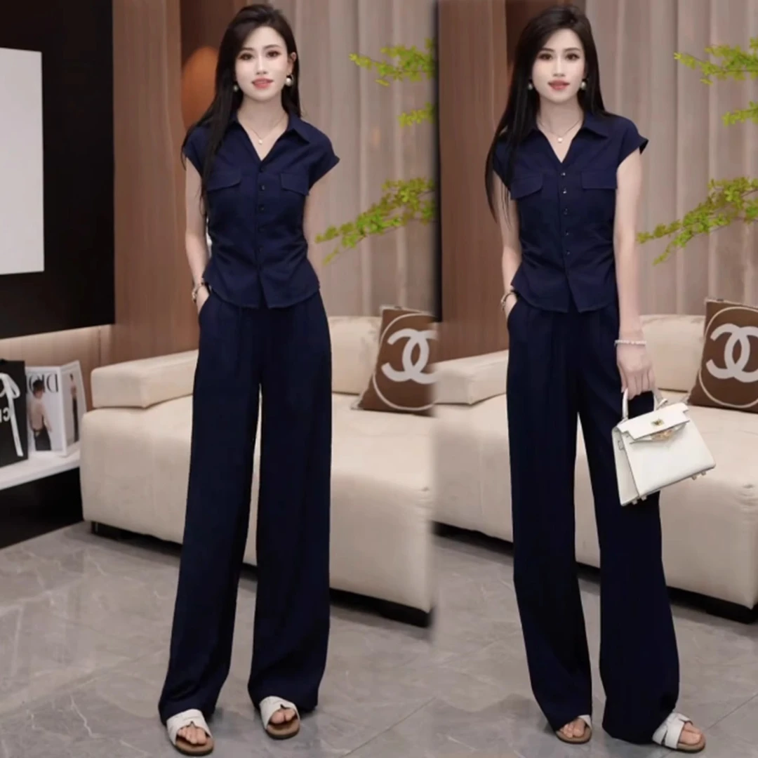时尚套装女2025夏季新款时髦修身V领短袖上衣阔腿裤气质两件套潮