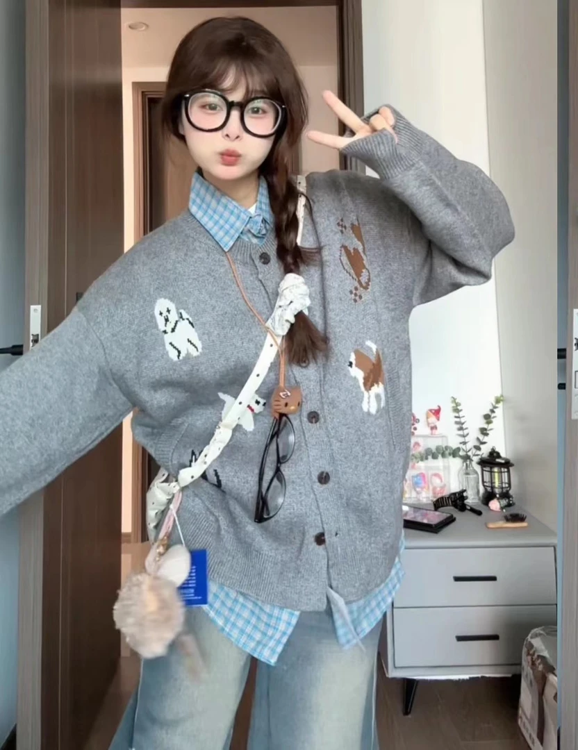 秋冬设计感灰色小狗毛衣外套韩系可爱甜美慵懒风外搭针织开衫