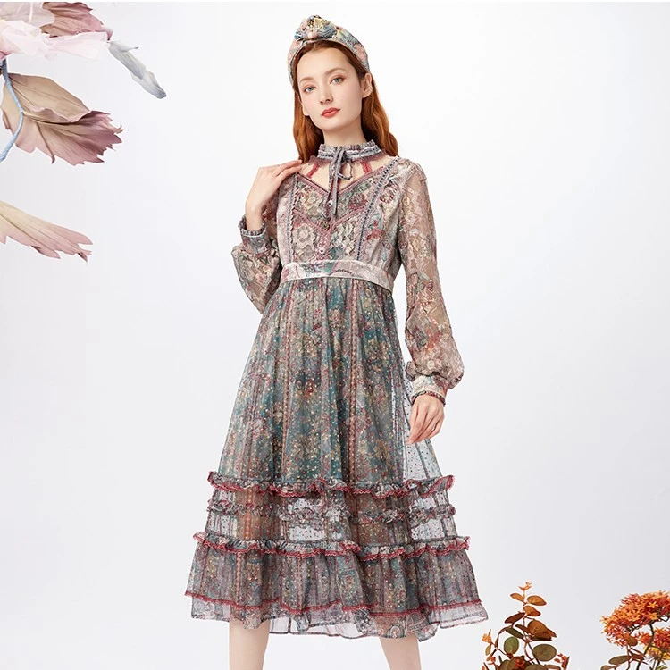 LULUALWAYS冬春系带印花网纱连衣裙LMD5015