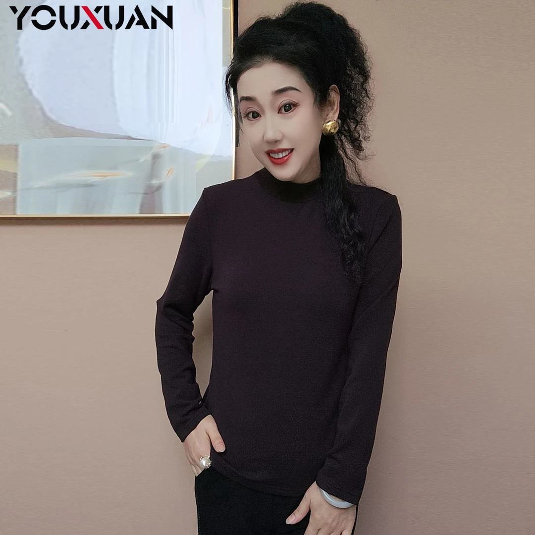 【慕斯绒】长袖轻奢T恤保暖半领百搭显瘦柔软内搭女打底衫7001