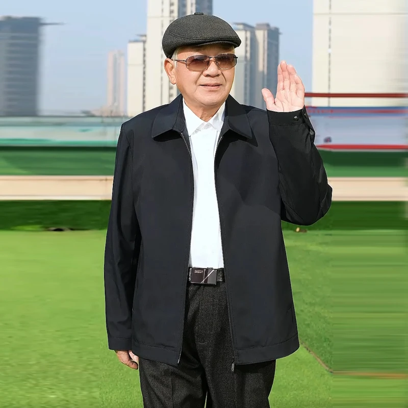 春秋中老年夹克商务爸爸装休闲薄款老人外套宽松翻领男士茄克衫