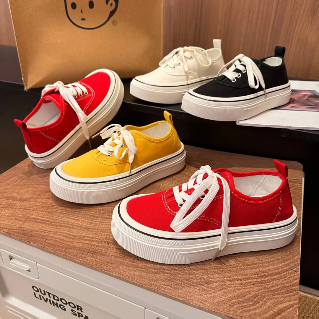 【SEN】2025早春季新款休闲女鞋时尚厚底系带帆布鞋圆头百搭板鞋