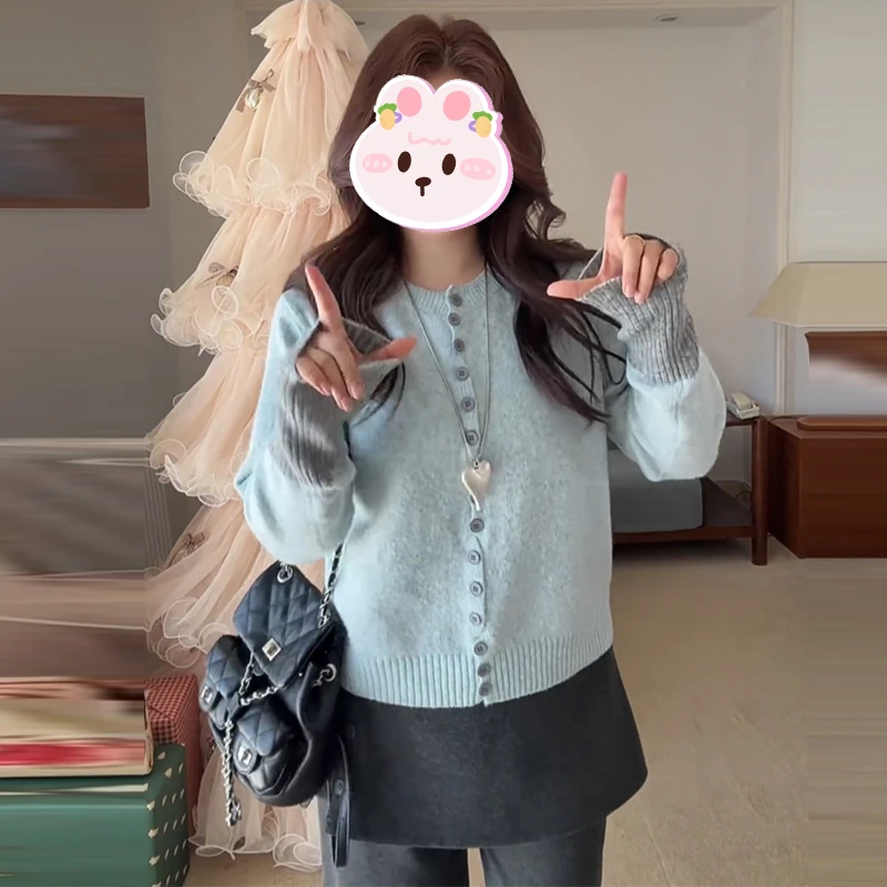 韩系拼色圆领单排扣针织开衫女2025冬季新款宽松显瘦气质洋气上衣