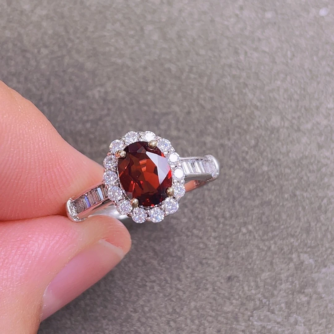 石榴石戒指银S925镀金镶嵌