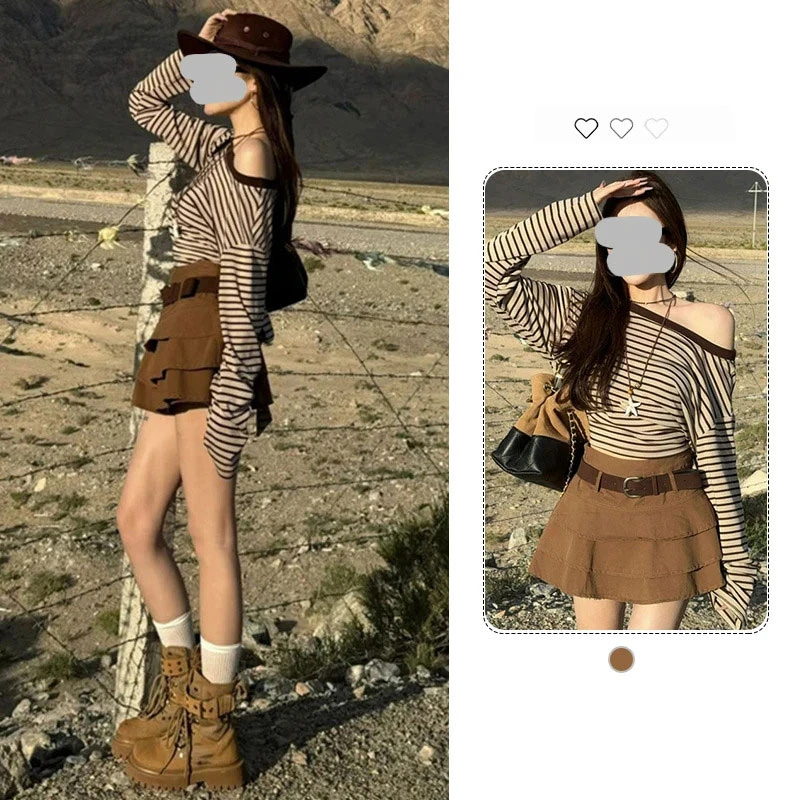 美式复古条纹斜肩长袖T恤女秋季新款设计感小众内搭打底衫上衣ins