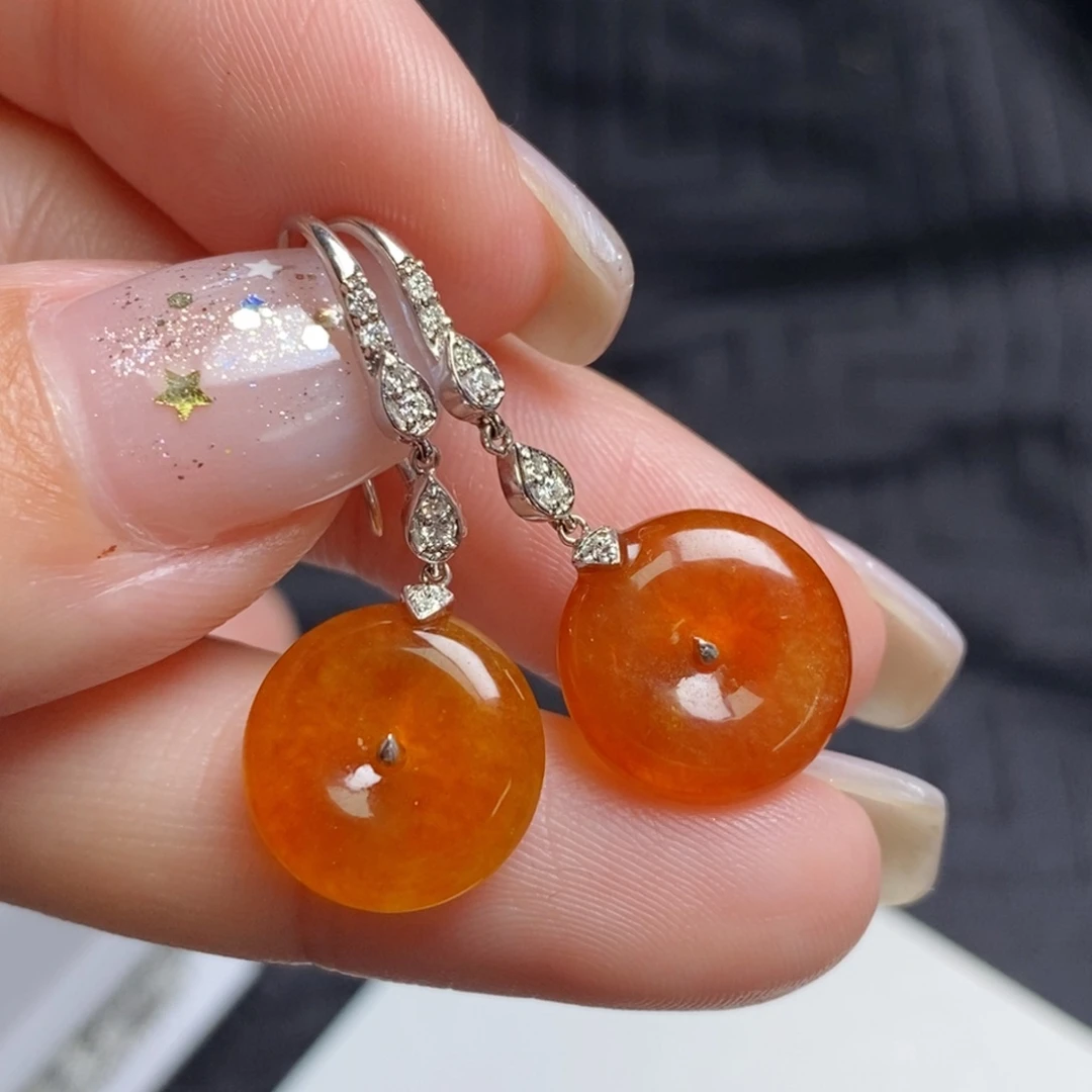 翡翠18K金镶嵌耳饰冰蜜橘红翡小扣子耳钩