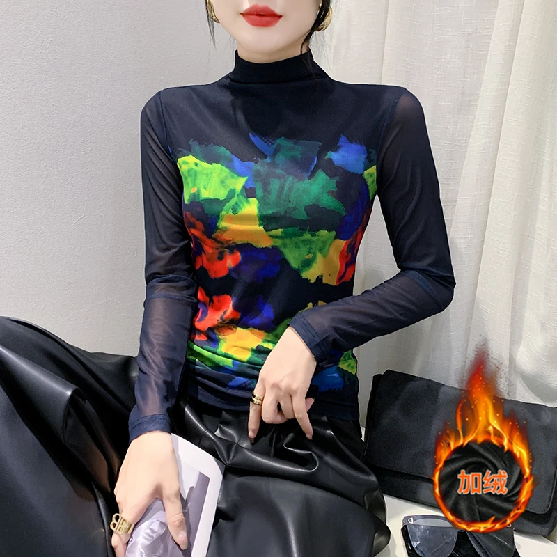 YH#【常规/加绒】高领网纱印花T恤秋冬新款时尚打底上衣DY-DF404