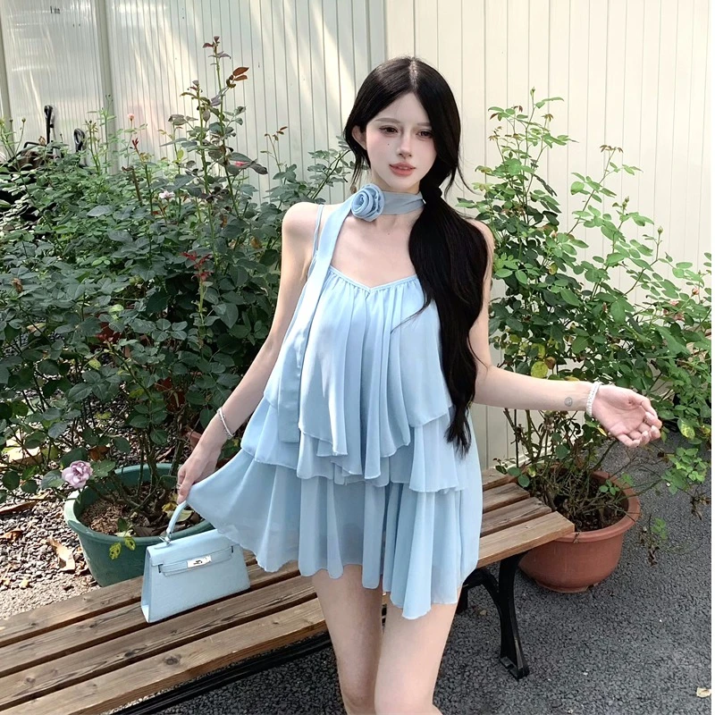 甜美度假风雪纺衫女不规则花朵飘带吊带背心洋气气质温柔无袖上衣