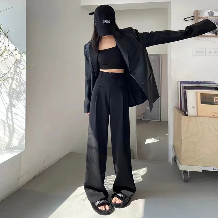 黑色西装裤女2025春夏新款小个子高级垂坠感阔腿裤休闲西装裤2407