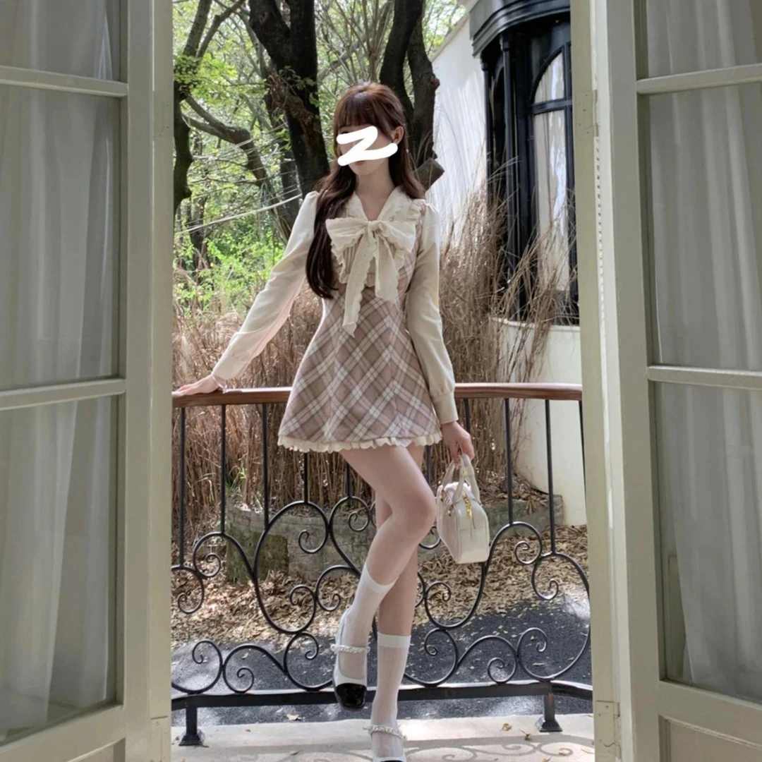 T06少女感甜妹约会减龄连衣裙2025春季新款爆款A字收腰显瘦格子裙