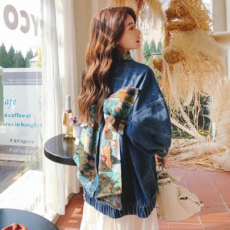 文艺感后背蝴蝶结牛仔外套女春季新款宽松复古设计感拼色夹克上衣