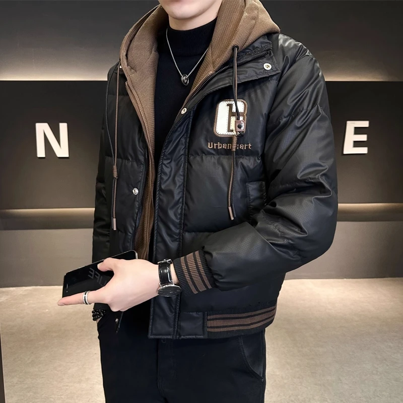 羽绒服男款连帽假两件冬季2025新款美式潮牌修身短款加厚保暖外套