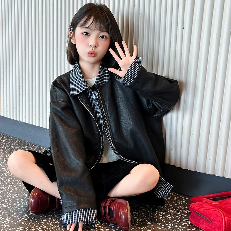 女童假两件皮衣外套春秋季2025新款儿童潮酷皮夹克女大童黑色上衣