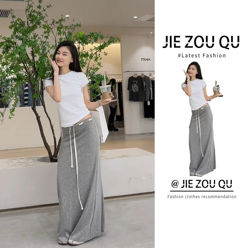 MARIE.COCO白色亲肤正肩显瘦T恤通勤设计感灰色简约半身裙套装