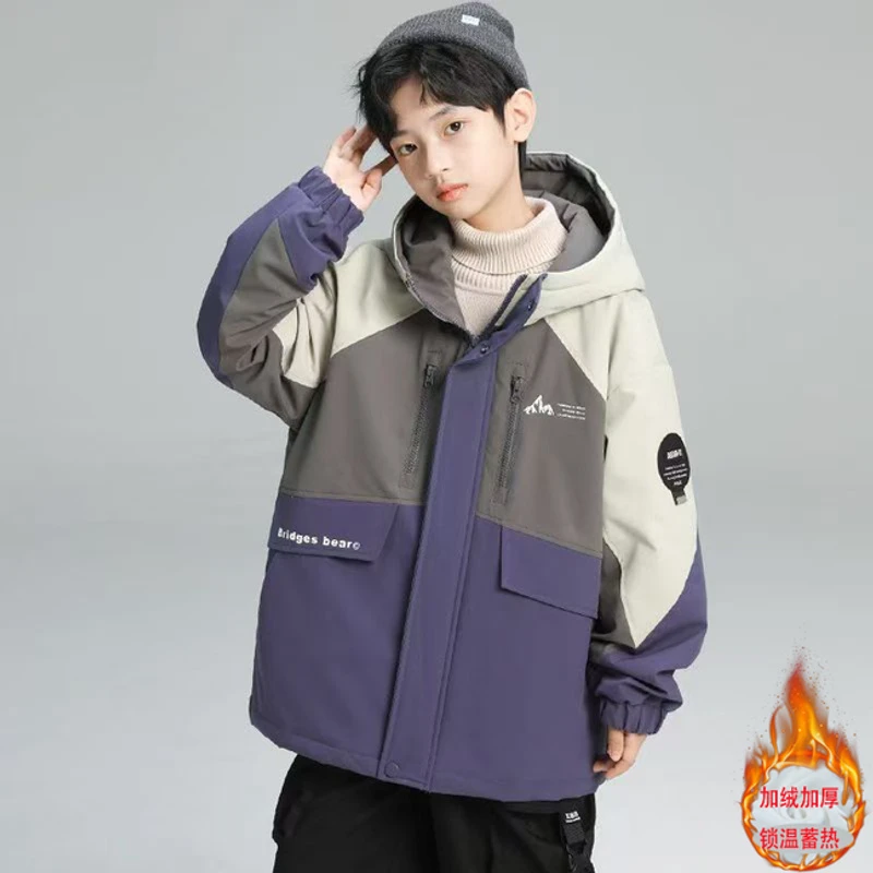 男童加绒加棉外套秋冬款2024新款冬季夹棉加厚中大童棉衣男孩冬装