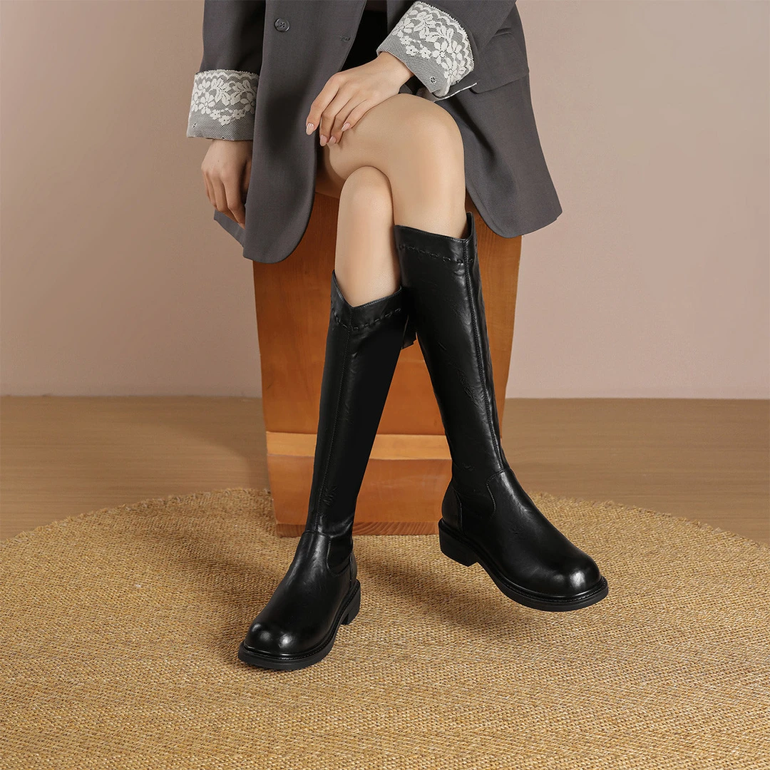 华耐长靴女小个子不过膝2025秋冬新款高筒瘦瘦靴V扣英伦风骑士靴