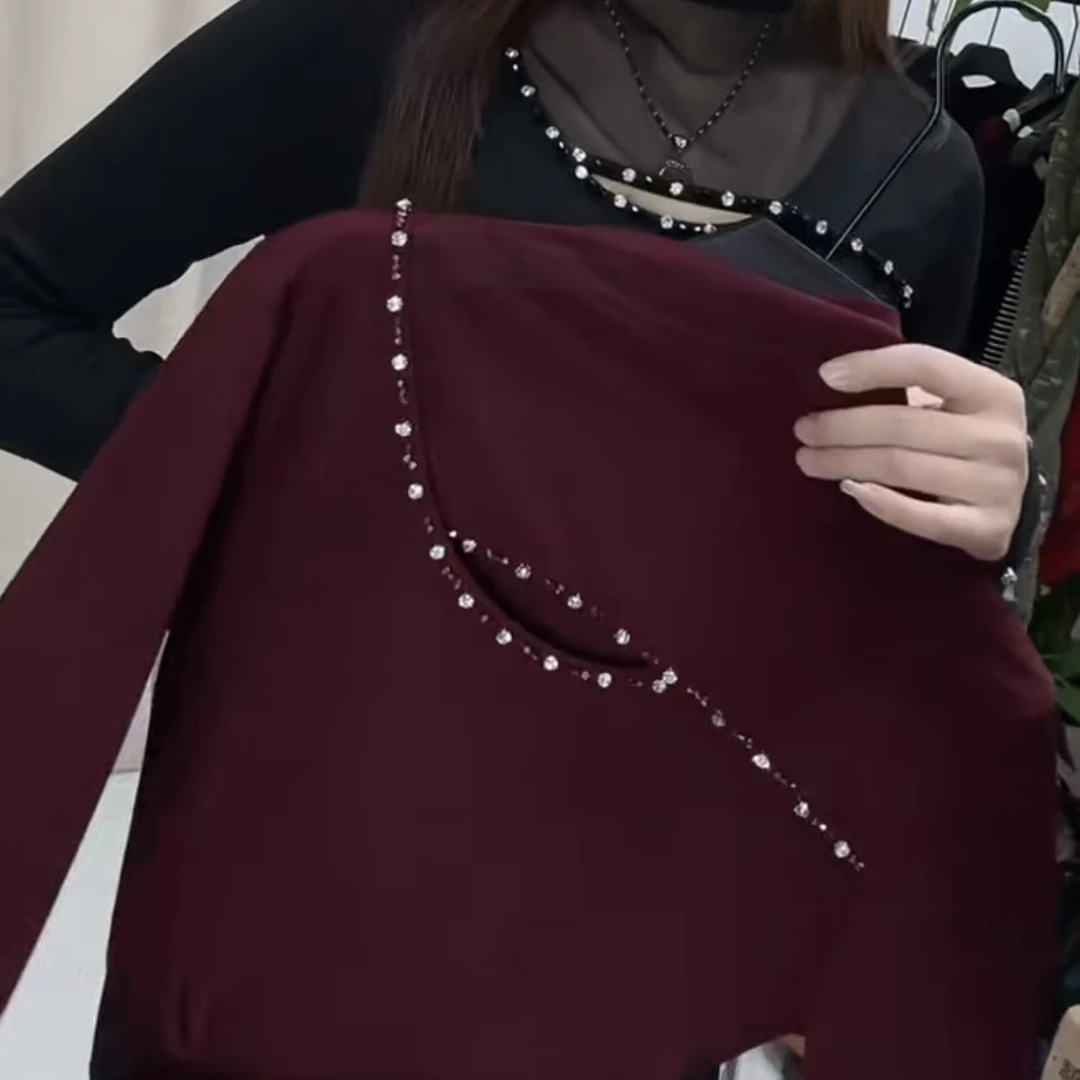 休闲风长袖半高领修身轻奢法式镂空长款女士洋气T恤重工