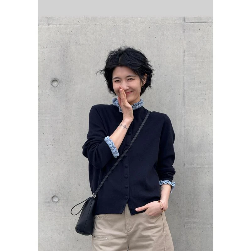 LANGQING 藏青色木耳边长袖时尚休闲羊毛衫43796#