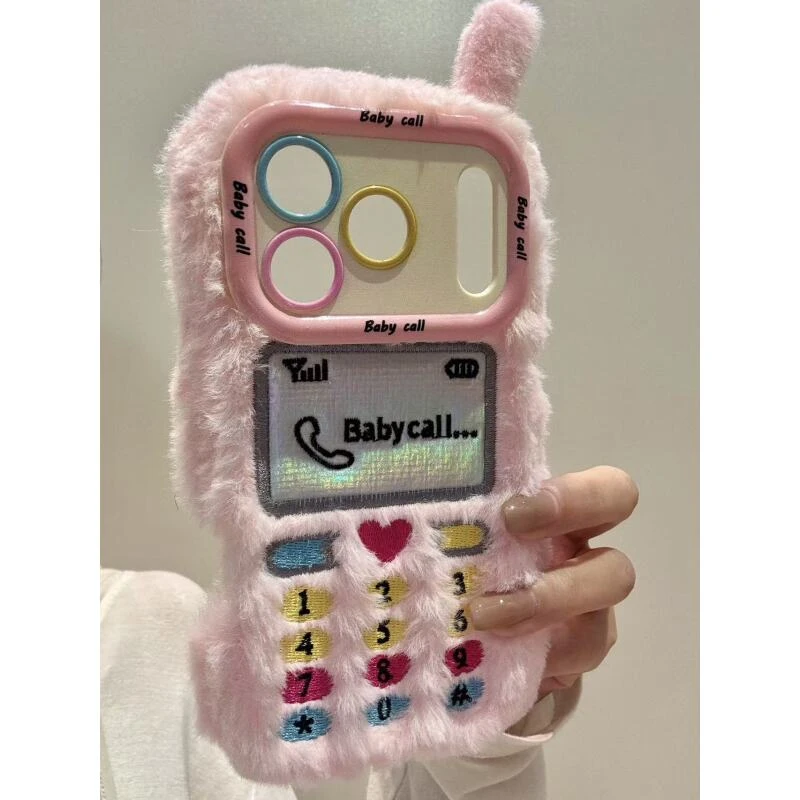 创意毛绒支架电话游戏机适用iphone17promax苹果16手机壳15新款14