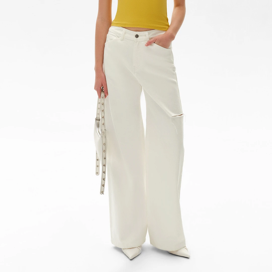 CALLED BACK牛仔裤女秋季新款白色破洞做旧阔腿休闲直筒长裤