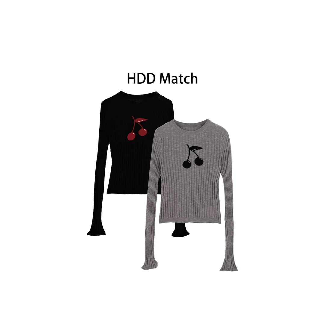 HDD- "樱 桃" 棉+亚麻 秋季针织设计樱桃气质上衣  Y8818