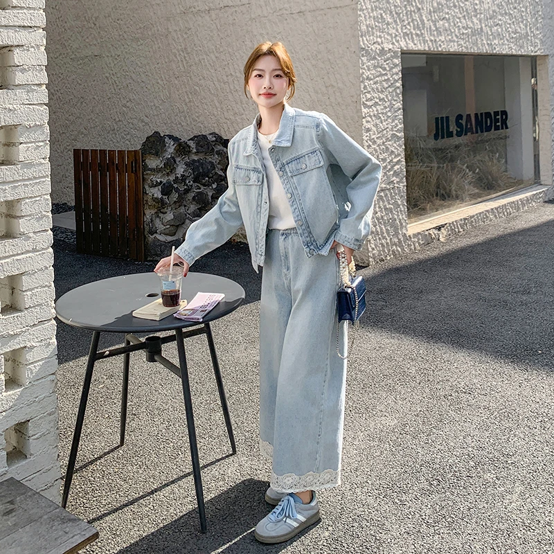 清冷小个子显高牛仔外套阔腿裤两件套独特超财阀千金套装春游女