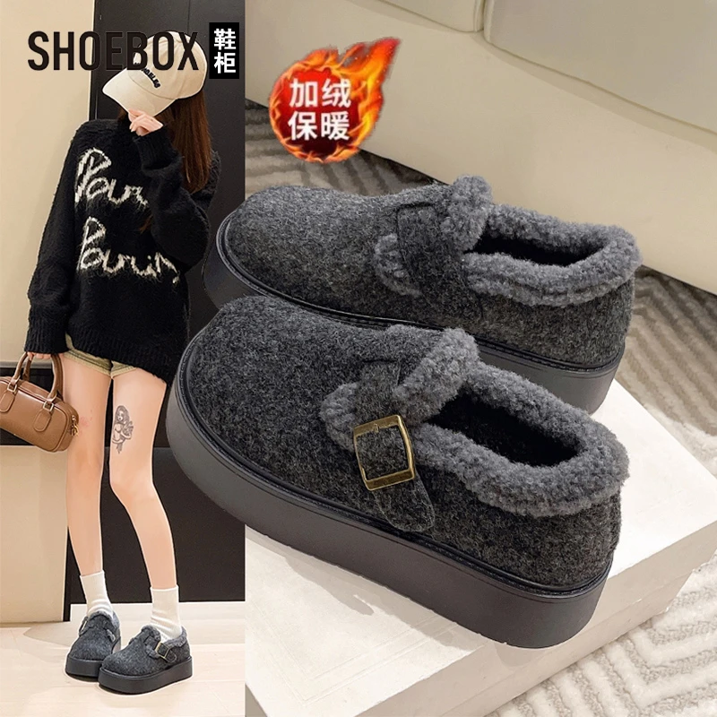 达芙妮旗下爆款毛呢灰色勃肯鞋女2025冬季新款加绒保暖毛毛棉鞋