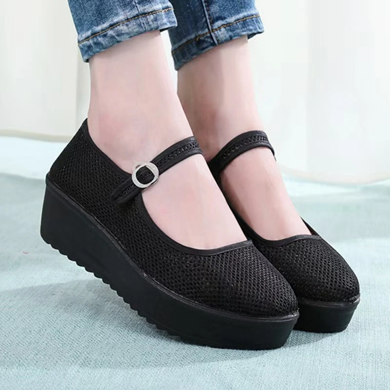夏季网鞋酒店工作鞋女网黑色老北京透气布鞋软底上班妈妈厚底防滑