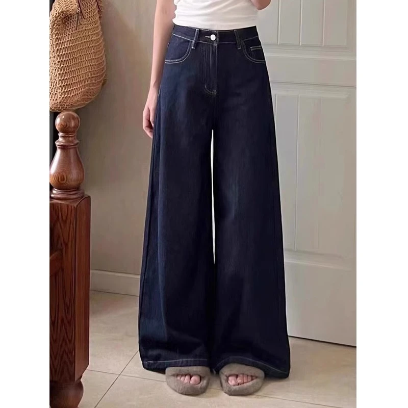 大码复古美式牛仔裤女夏秋新款胖mm宽松高腰显瘦直筒阔腿拖地裤子