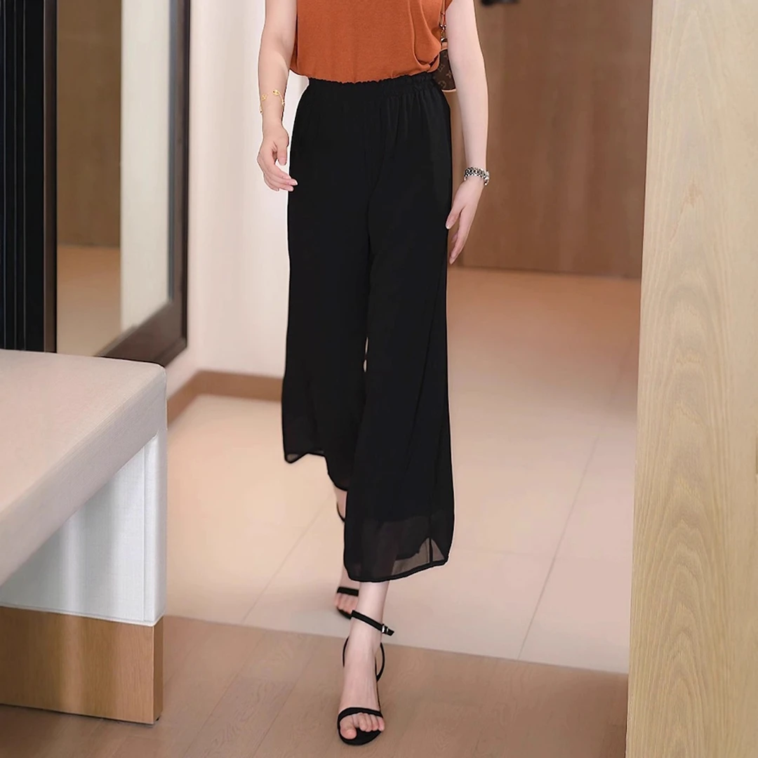 黑色裤子夏薄款女士2025新款冰丝凉凉裤高腰显瘦小个子九分阔腿裤