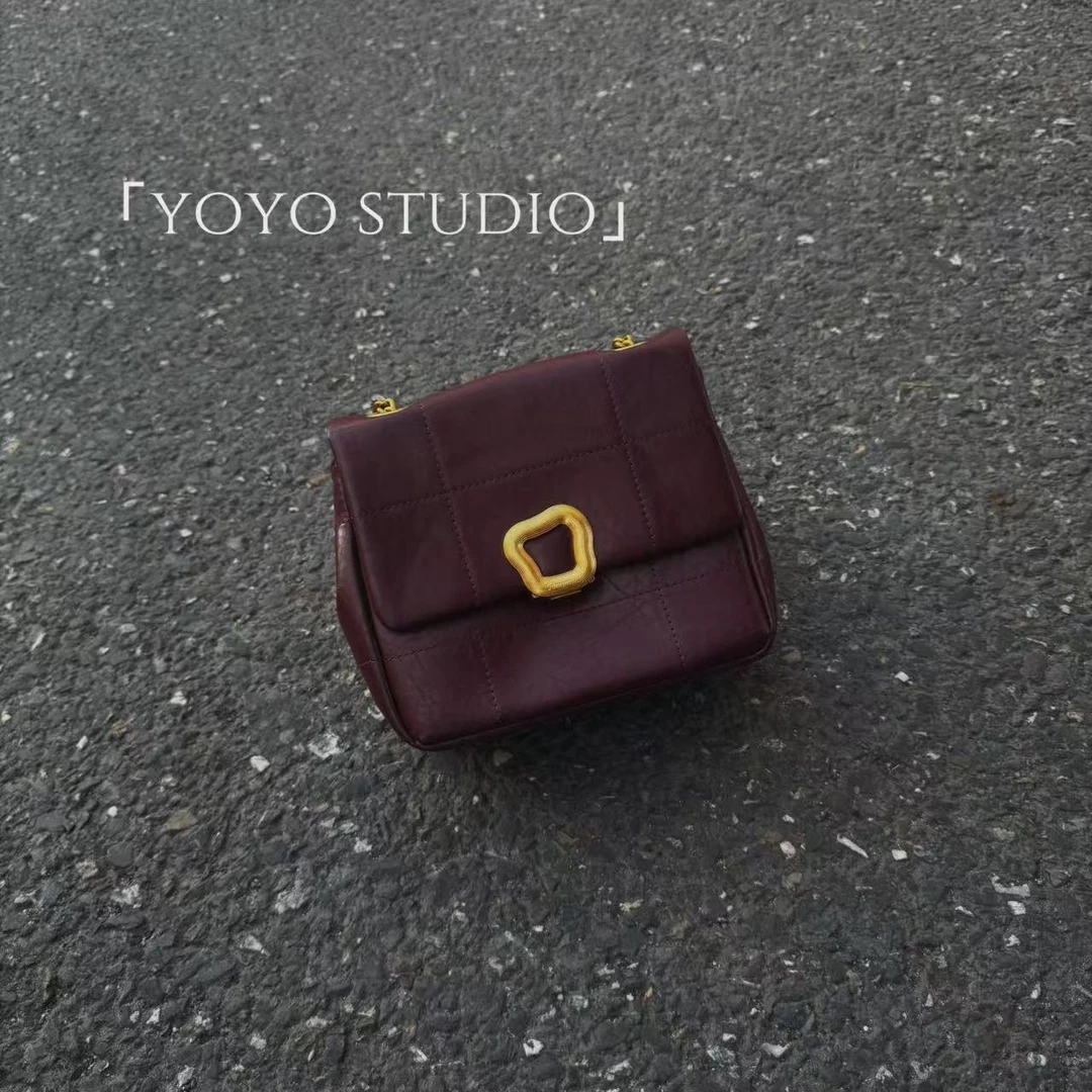 【Yoyo Studio】巧克力包酒红色单肩斜跨韩式双根拉链植鞣单肩包