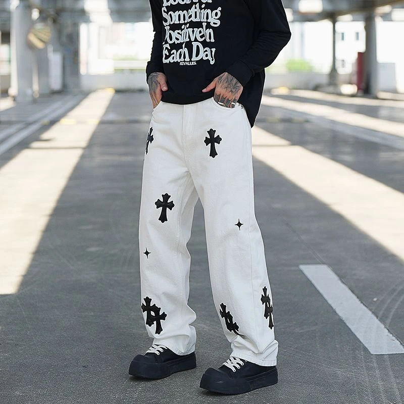 PT潮流高街美式刺绣贴皮十字架白色牛仔裤男水洗宽松休闲直筒长裤