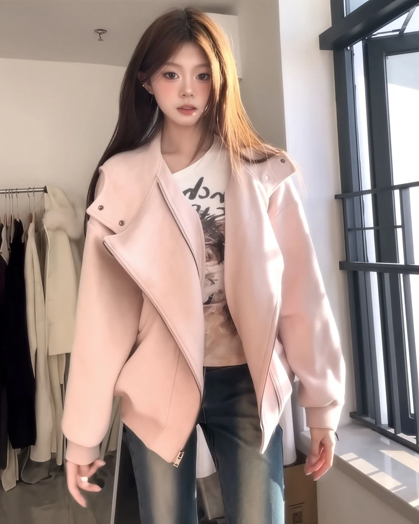 秋冬新品女款宽松型韩版拉链翻领粉色夹克休闲时尚气质长袖外套