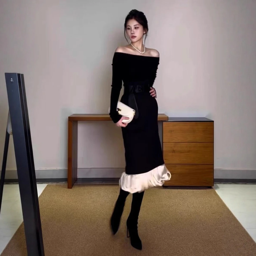 秋冬裙子套装气质女神范轻奢高级感重要场合黑色一字肩上衣半身裙