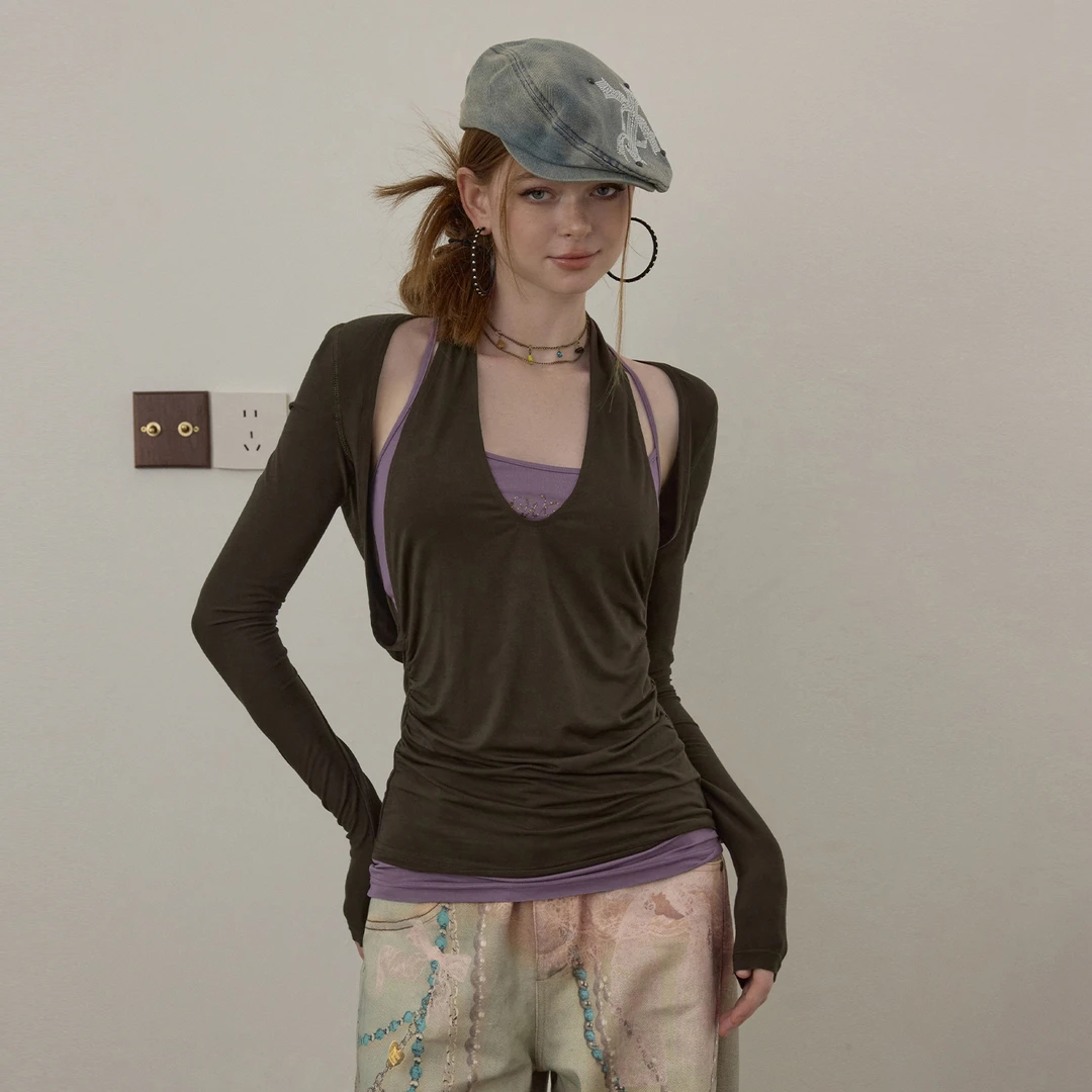 【热销】wooha 吾哈2025早秋新款小众设计两穿撞色打底T恤女