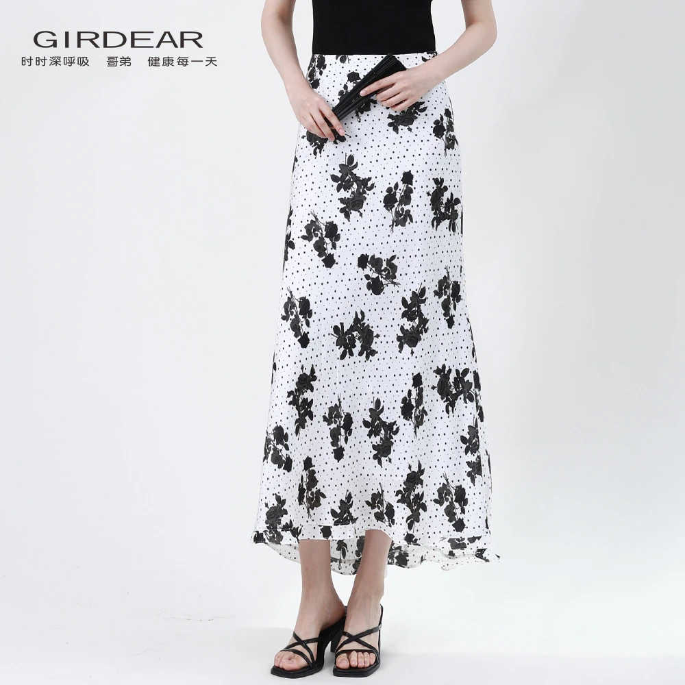 GIRDEAR/哥弟「枯枝玫瑰」夏日新款休闲印花百搭设计感半身裙120003
