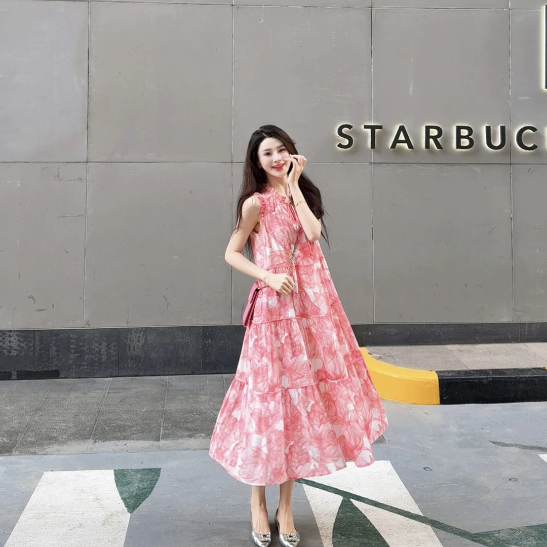 GIRDEAR/哥弟「漫花沁粉」气质浪漫连衣裙无袖收腰长裙粉色1500497